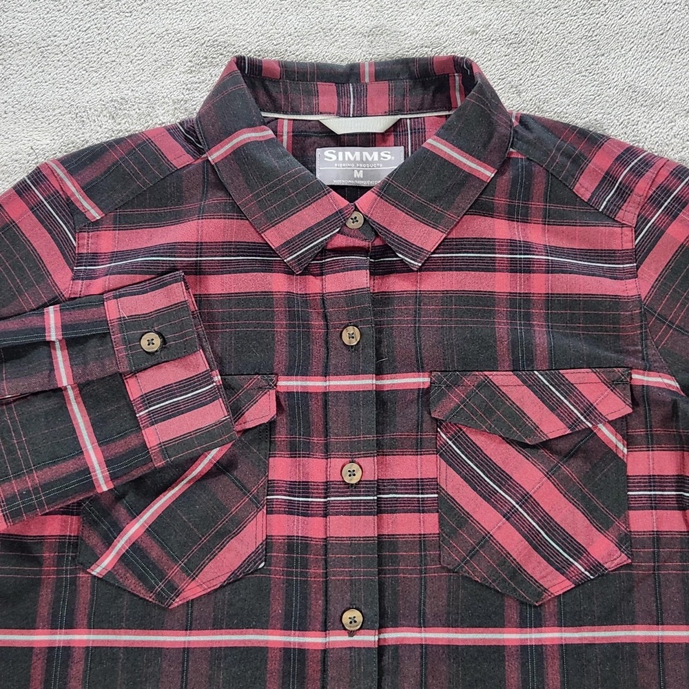 Simms Shirt Womens Medium Red Plaid Flannel Long Sleeve Button Up Fishing Casual